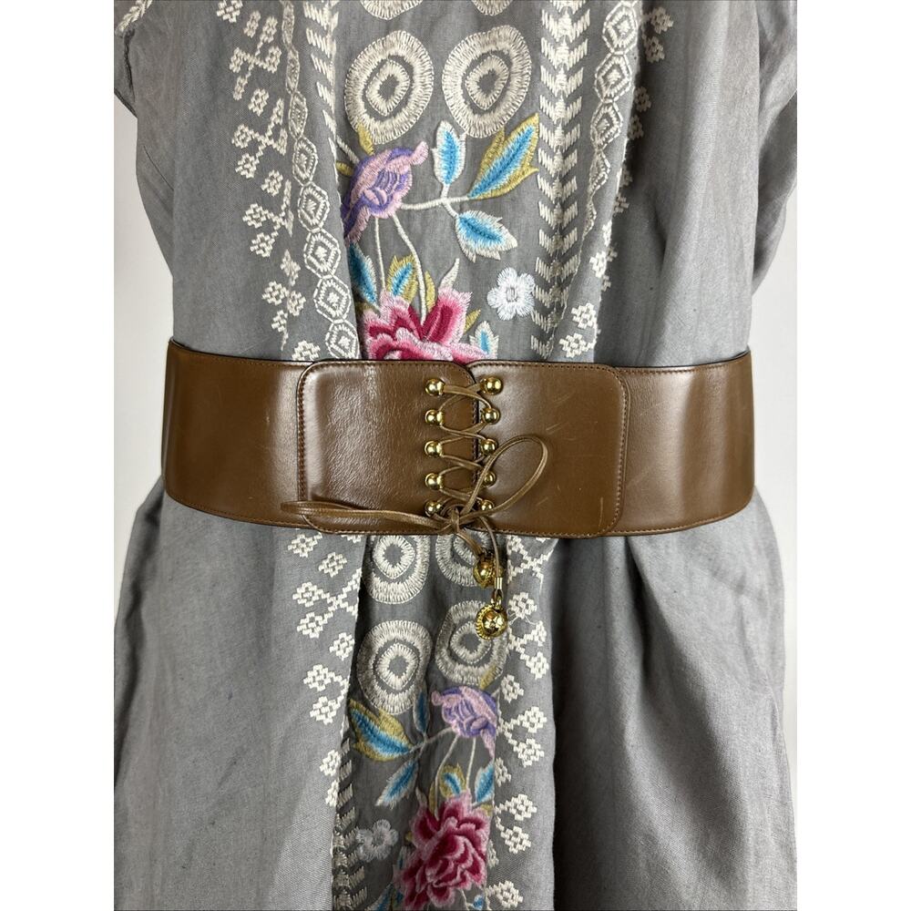 Used CELINE Paris Brown Leather Corset Lace up Waist Cincher Belt Vintage SZ 90